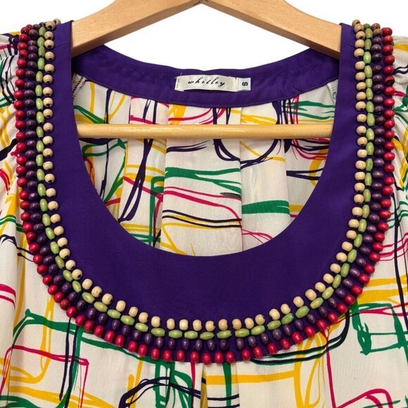 NWT Whitley Silk Top Size S Rainbow Burst Bead Embellishment Cap Sleeves New - Picture 2 of 7